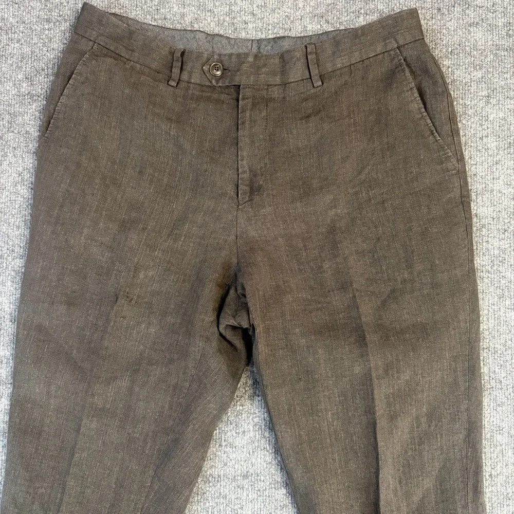 Todd Snyder Linen Dress Pants Men 34x32 Brown Flat Front Made in Portugal(34x27)